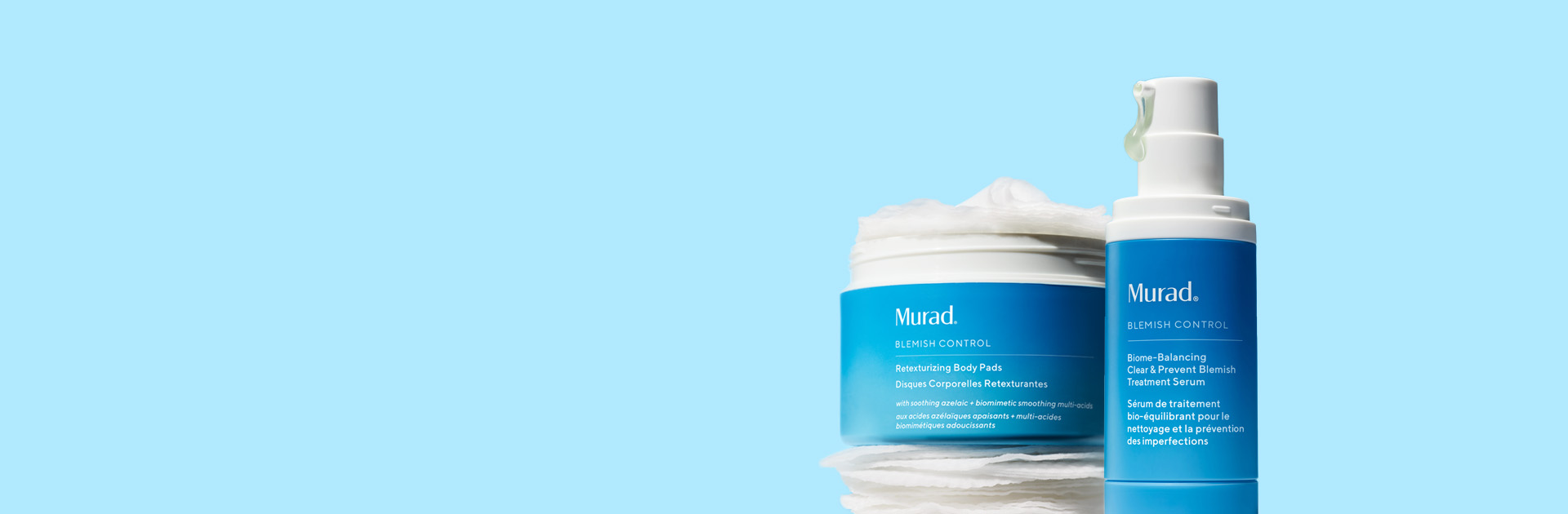 New Murad blemish products. Retexturizing Body and Face Pads. Biome-Balancing Clear and Prevent Blemish Treatment Serum.